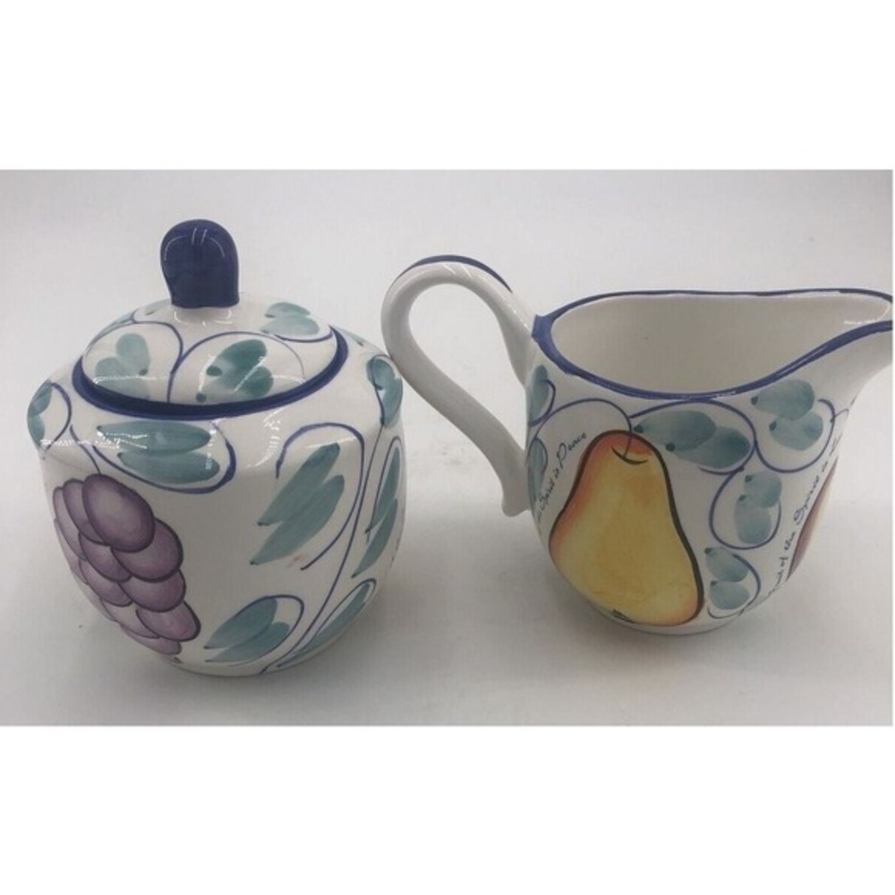 Sugar Bowl with Lid and Creamer Pitcher Wangs International Handpainted CUTE‎